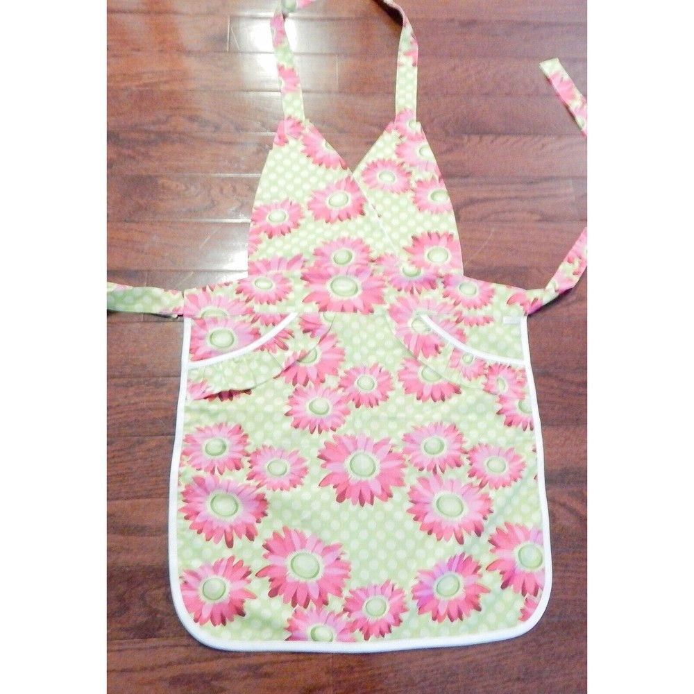 Bib Apron Lime Green Hot Pink Floral Ruffled Pockets Tie On elizabethW
